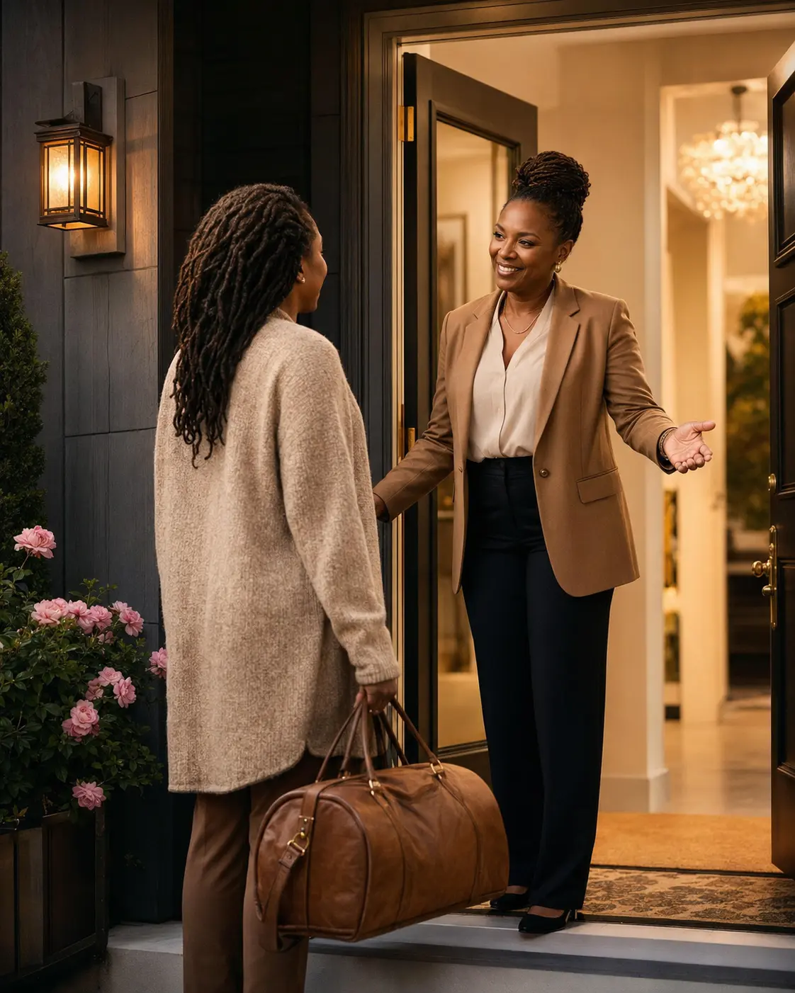 A caring staff member welcoming a new resident home