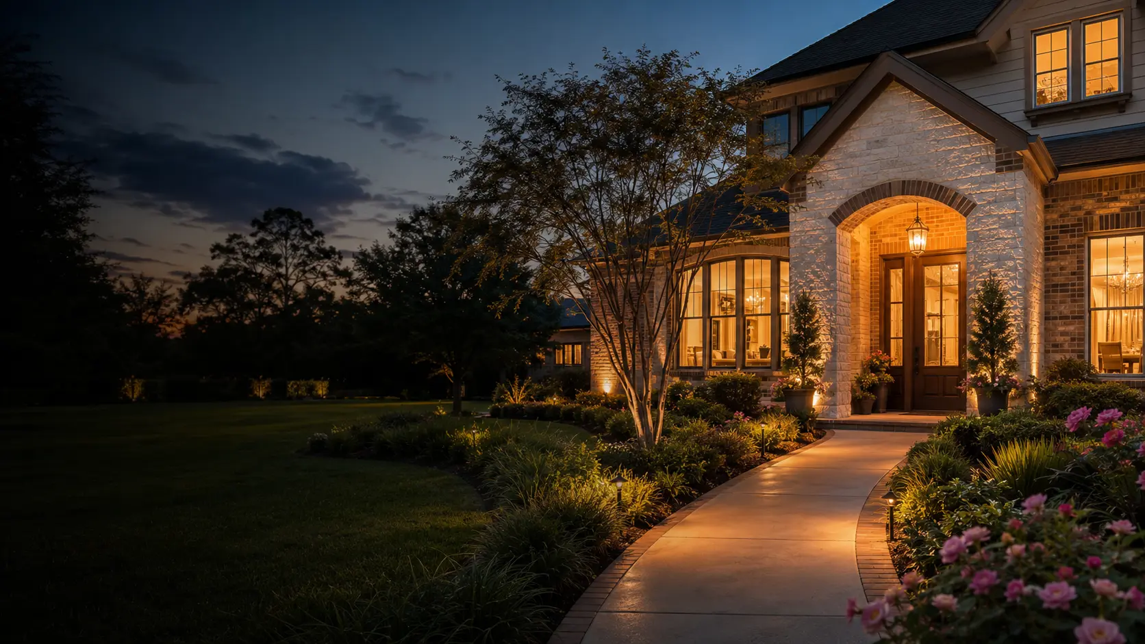 A warm, welcoming residential home at dusk