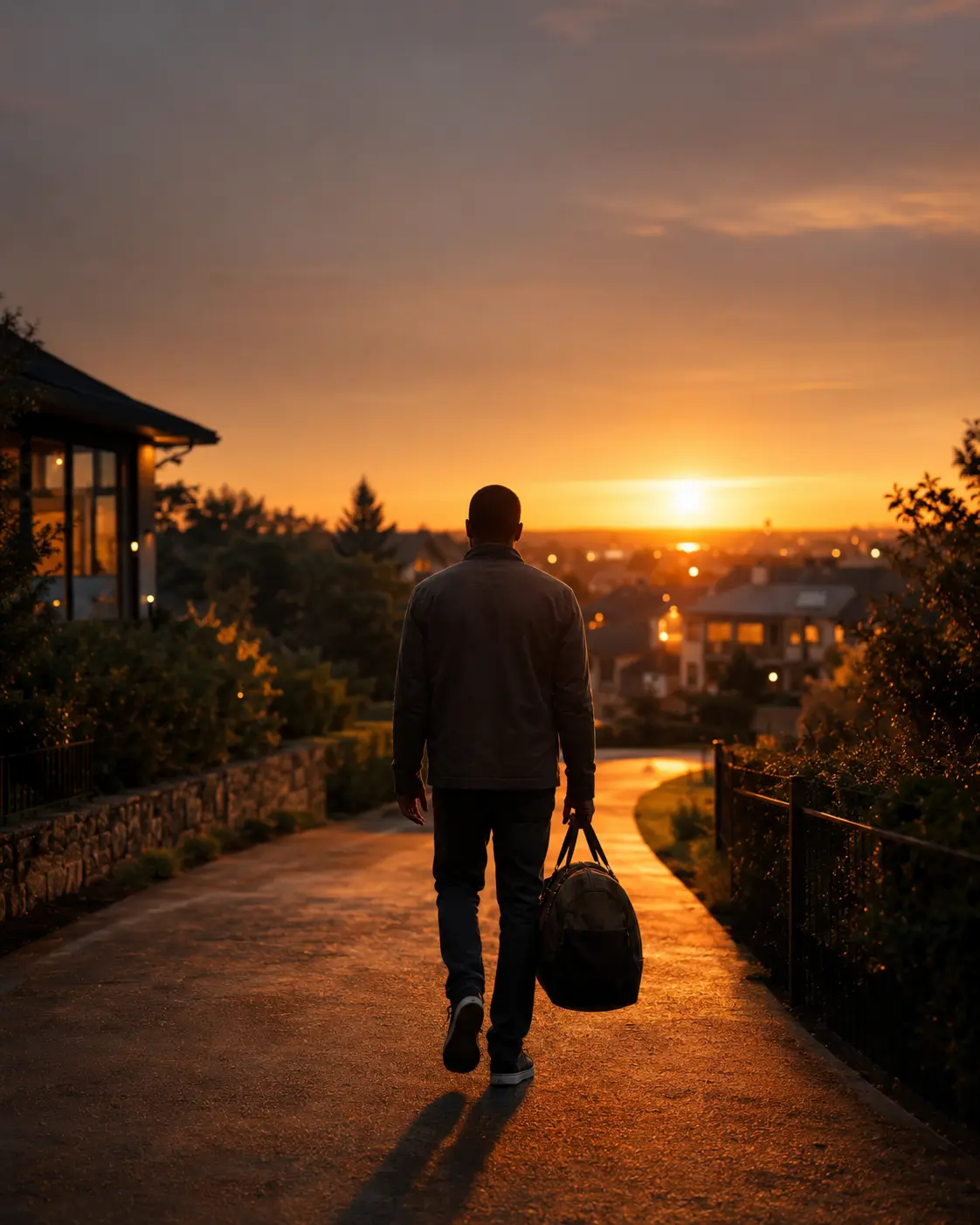 A man walking toward a hopeful sunset with a travel bag