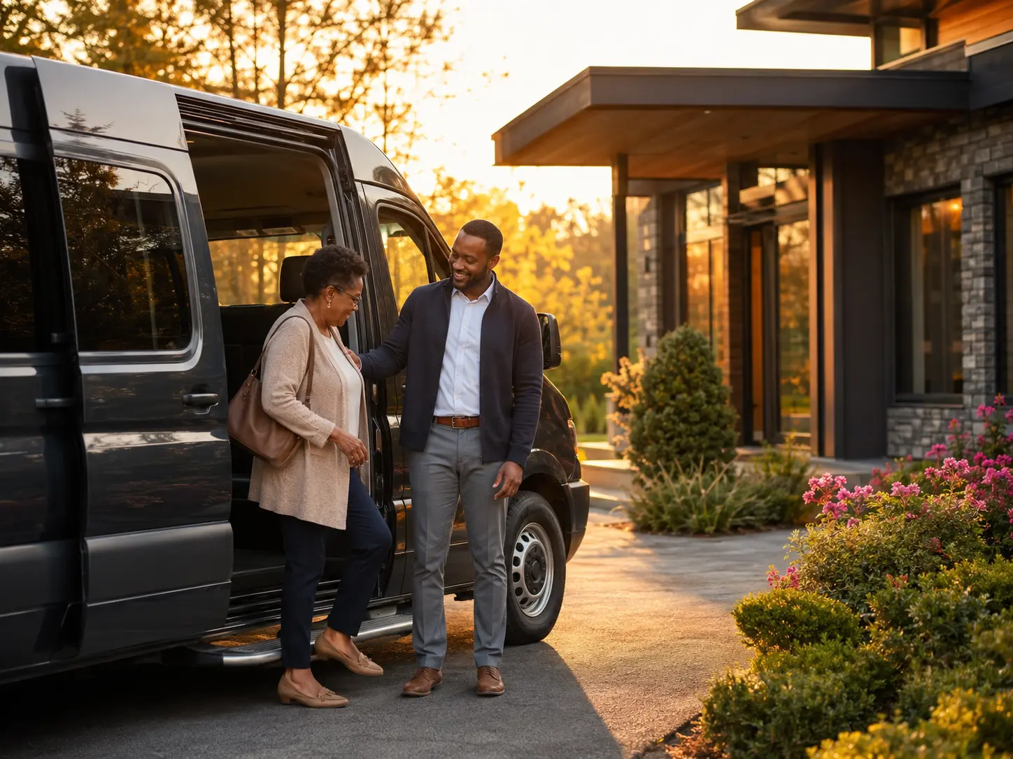 A staff member assisting a resident beside a passenger van