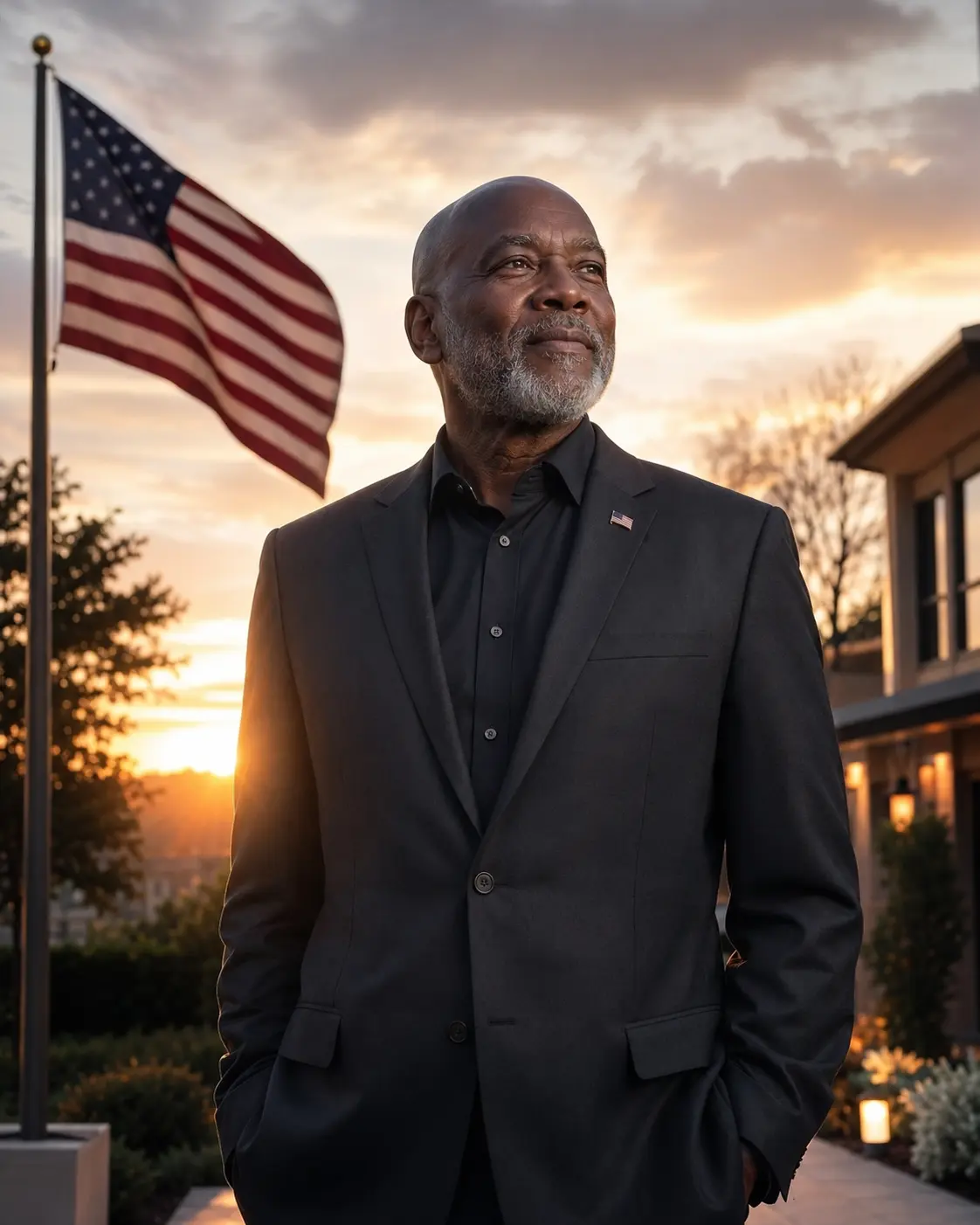 A proud veteran beside the American flag at sunset